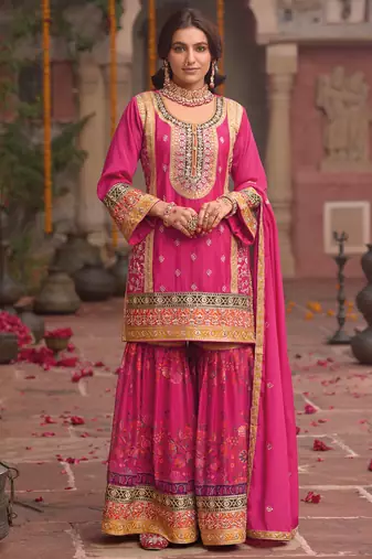 Pink embroidered chinon kurta trouser dupatta set