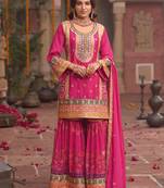 Pink embroidered chinon kurta trouser dupatta set