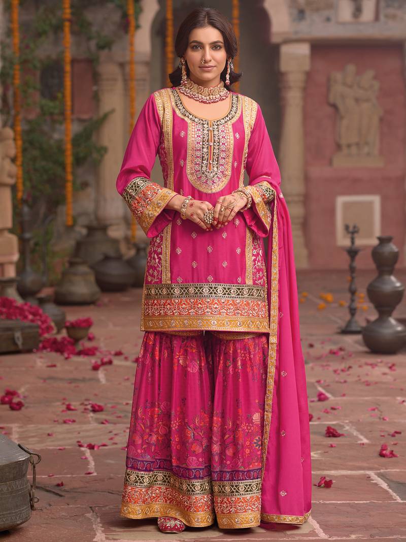 Pink embroidered chinon kurta trouser dupatta set