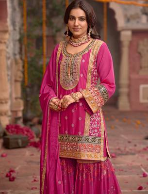 Pink embroidered chinon kurta trouser dupatta set 2