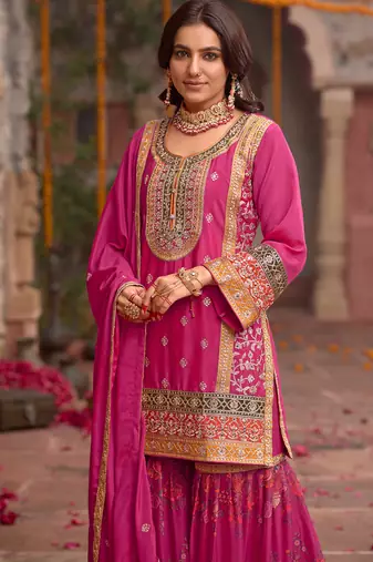 Pink embroidered chinon kurta trouser dupatta set