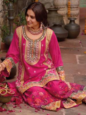 Pink embroidered chinon kurta trouser dupatta set 3