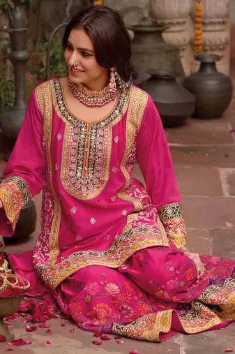 Pink embroidered chinon kurta trouser dupatta set