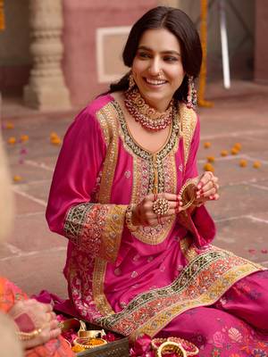 Pink embroidered chinon kurta trouser dupatta set 4