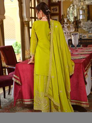 Green embroidered chinon kurta trouser dupatta set 3