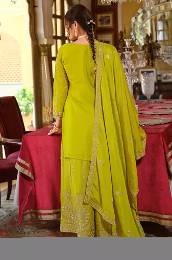 Green embroidered chinon kurta trouser dupatta set