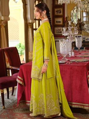 Green embroidered chinon kurta trouser dupatta set 4