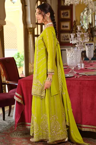 Green embroidered chinon kurta trouser dupatta set