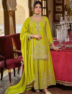Green embroidered chinon kurta trouser dupatta set 1