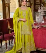 Green embroidered chinon kurta trouser dupatta set