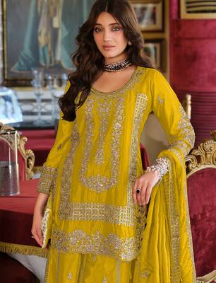 Yellow embroidered chinon kurta trouser dupatta set 1