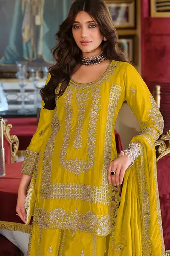 Yellow embroidered chinon kurta trouser dupatta set