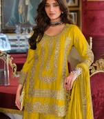 Yellow embroidered chinon kurta trouser dupatta set