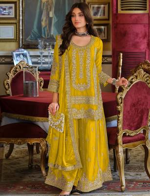 Yellow embroidered chinon kurta trouser dupatta set 2