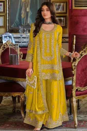 Yellow embroidered chinon kurta trouser dupatta set