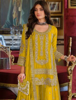Yellow embroidered chinon kurta trouser dupatta set 3