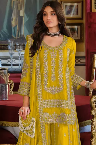 Yellow embroidered chinon kurta trouser dupatta set