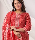 Maroon printed pure cotton kurta trouser dupatta set
