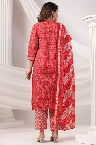 Maroon printed pure cotton kurta trouser dupatta set