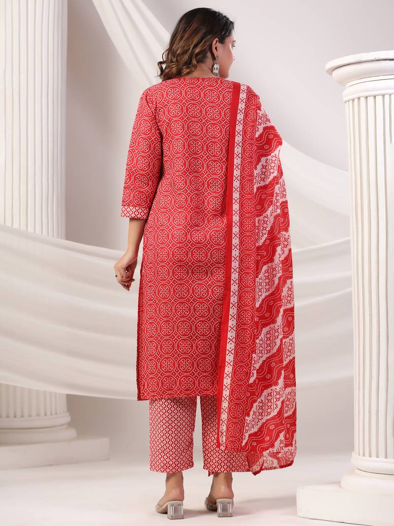 Maroon printed pure cotton kurta trouser dupatta set