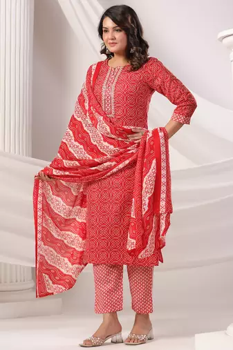 Maroon printed pure cotton kurta trouser dupatta set