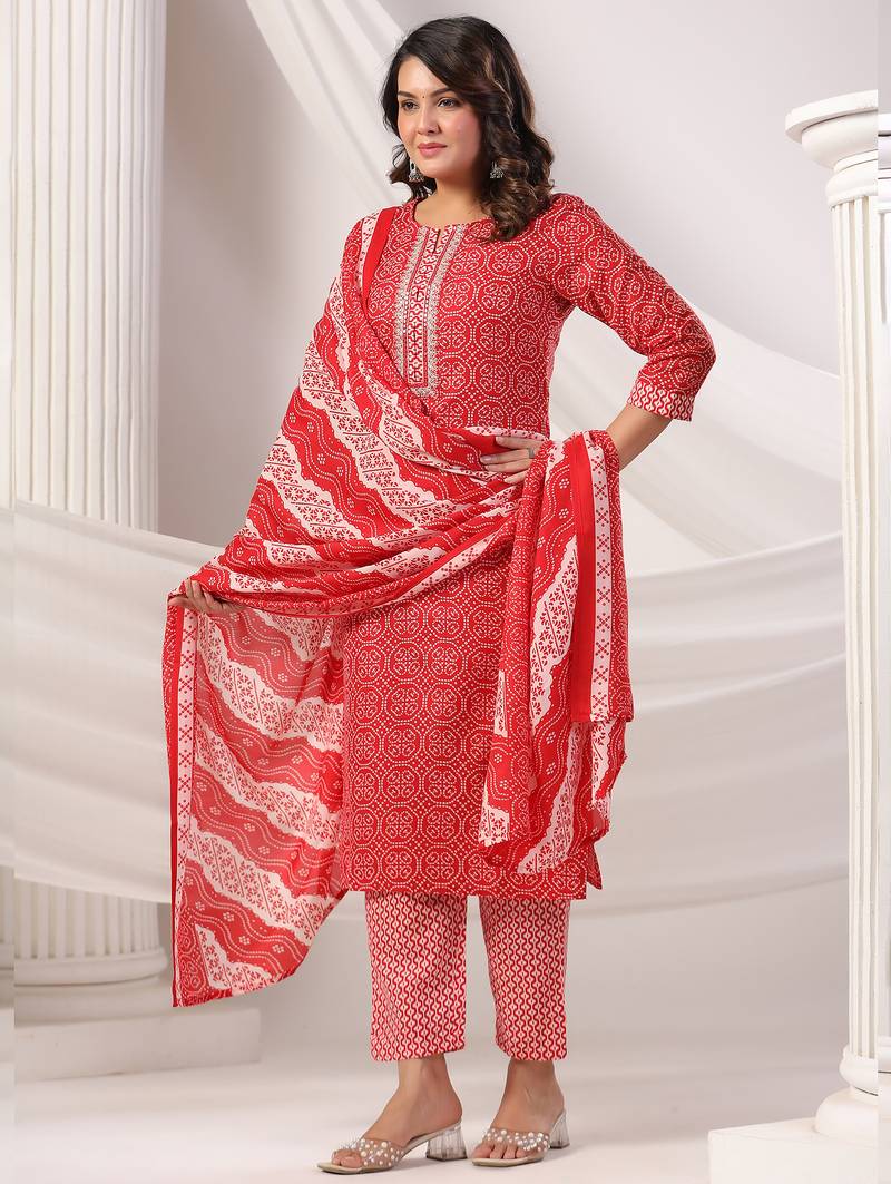 Maroon printed pure cotton kurta trouser dupatta set