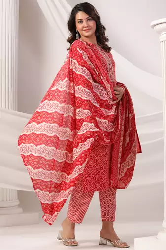 Maroon printed pure cotton kurta trouser dupatta set