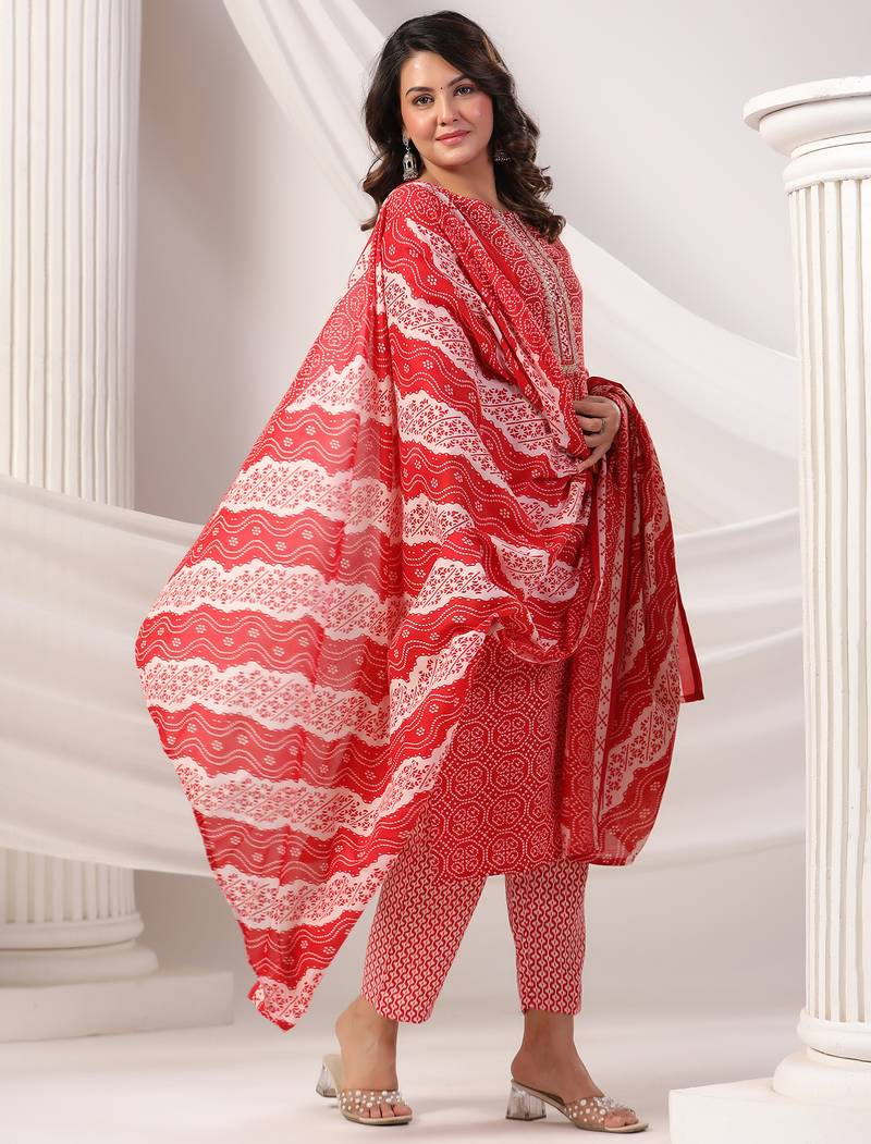 Maroon printed pure cotton kurta trouser dupatta set