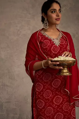 Red printed georgette kurta trouser dupatta set