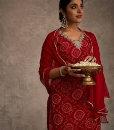 Red printed georgette kurta trouser dupatta set