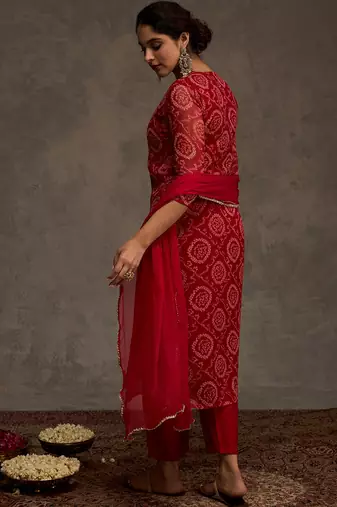 Red printed georgette kurta trouser dupatta set