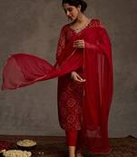 Red printed georgette kurta trouser dupatta set