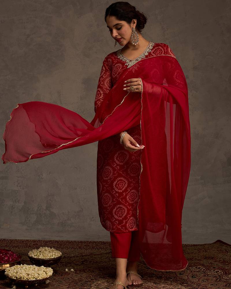 Red printed georgette kurta trouser dupatta set