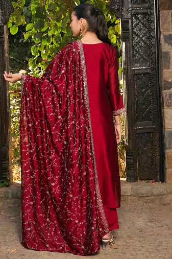 Maroon embroidered silk blend kurta trouser dupatta set
