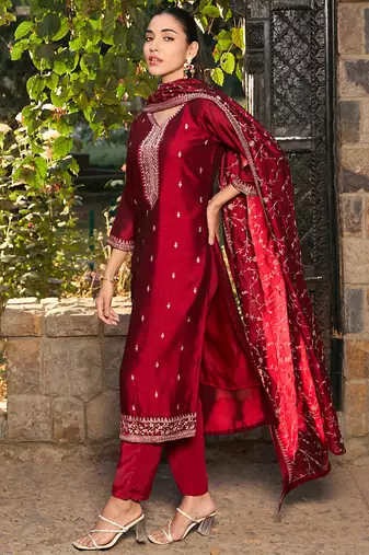 Maroon embroidered silk blend kurta trouser dupatta set
