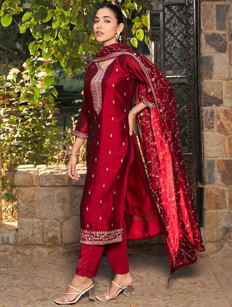 Maroon embroidered silk blend kurta trouser dupatta set