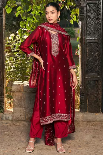Maroon embroidered silk blend kurta trouser dupatta set