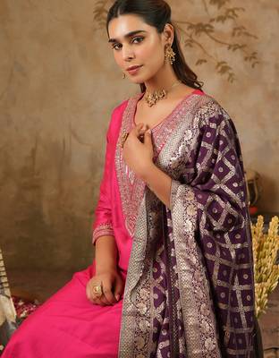 Pink embroidered silk blend kurta trouser dupatta set 1