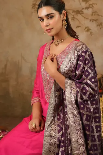 Pink embroidered silk blend kurta trouser dupatta set