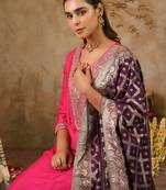 Pink embroidered silk blend kurta trouser dupatta set