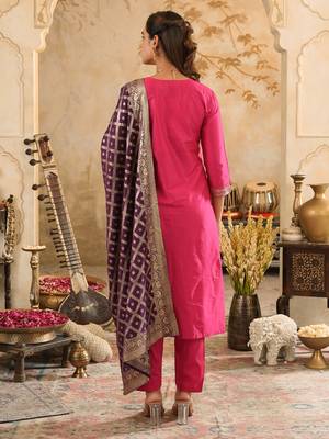 Pink embroidered silk blend kurta trouser dupatta set 2