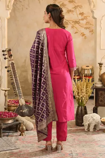 Pink embroidered silk blend kurta trouser dupatta set