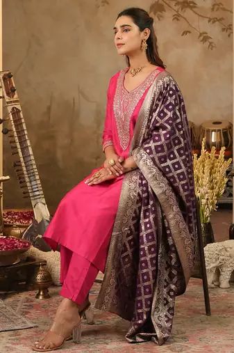 Pink embroidered silk blend kurta trouser dupatta set
