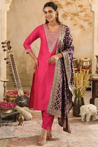 Pink embroidered silk blend kurta trouser dupatta set