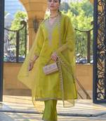 Green embroidered silk blend kurta trouser dupatta set