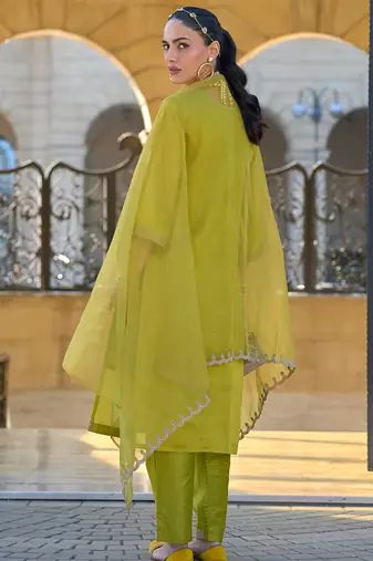 Green embroidered silk blend kurta trouser dupatta set