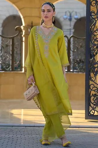 Green embroidered silk blend kurta trouser dupatta set