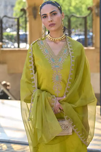 Green embroidered silk blend kurta trouser dupatta set