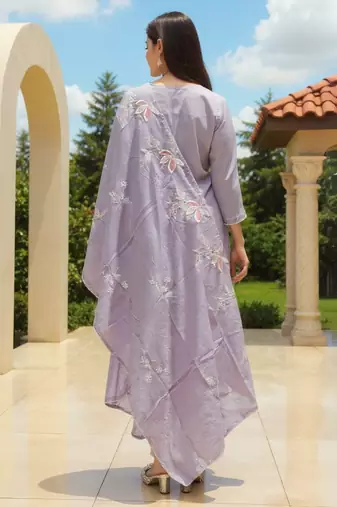 Lavender embroidered pure cotton kurta trouser dupatta set