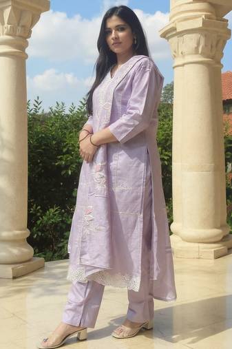 Lavender embroidered pure cotton kurta trouser dupatta set